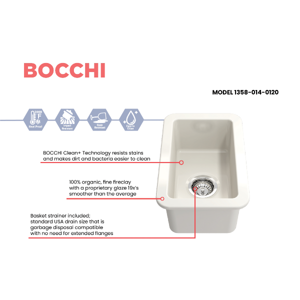 Bocchi Sotto 12" Biscuit Fireclay Single Bowl Undermount Prep Sink w/ Strainer - Annie & Oak