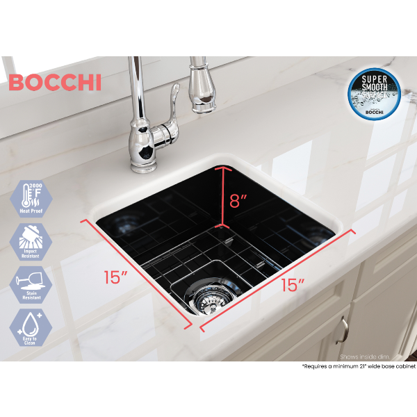 BOCCHI Sotto 18" Black Fireclay Undermount Bar Prep or Kitchen Sink