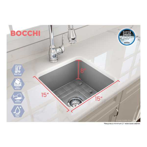 BOCCHI Sotto 18" Matte Gray Fireclay Undermount Bar Prep or Kitchen Sink
