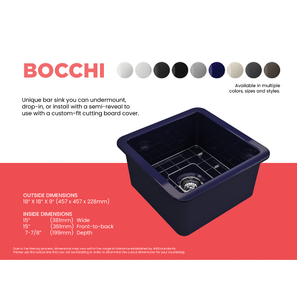 BOCCHI Sotto 18" Sapphire Blue Fireclay Undermount Bar Prep or Kitchen Sink
