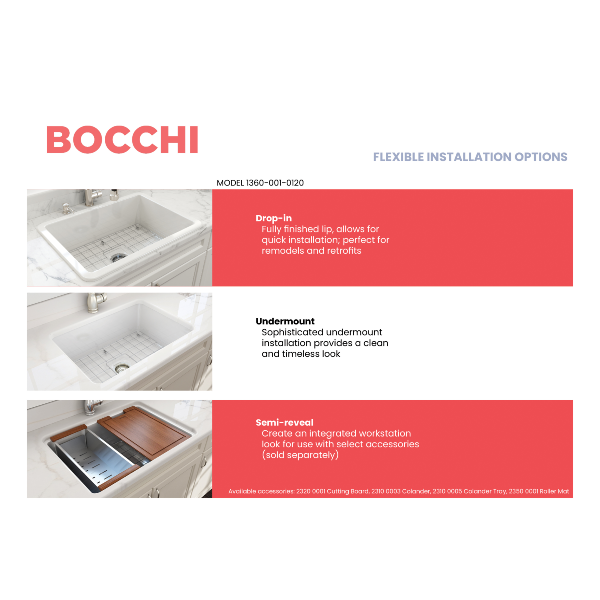 BOCCHI Sotto 27 White Fireclay Single Undermount Kitchen Sink w/ Grid & Workstation Accessories & Chrome Faucet
