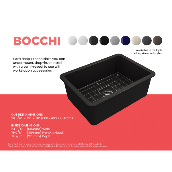 BOCCHI Sotto 27 Matte Black Fireclay Single Undermount Kitchen Sink  w/ Grid
