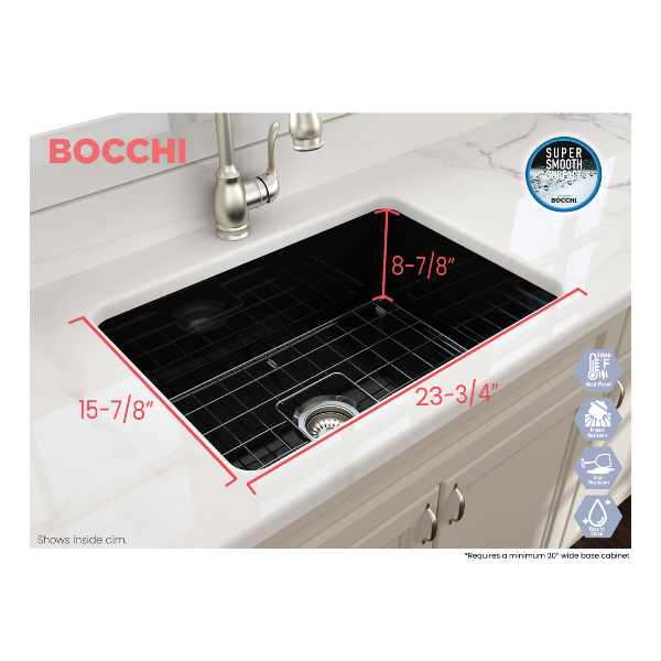 BOCCHI Sotto 27 Black Fireclay Single Undermount Kitchen Sink  w/ Grid