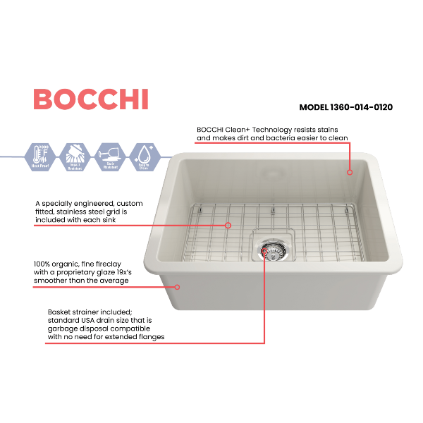 BOCCHI Sotto 27 Biscuit Fireclay Single Undermount Kitchen Sink  w/ Grid