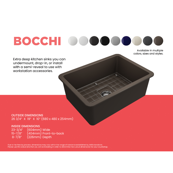 BOCCHI Sotto 27 Brown Fireclay Single Undermount Kitchen Sink  w/ Grid