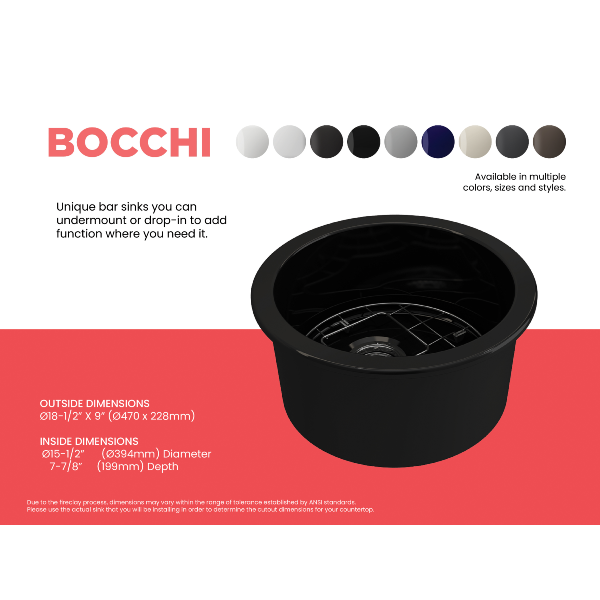 BOCCHI Sotto 18" Black Round Single Bowl Fireclay Undermount Prep Sink