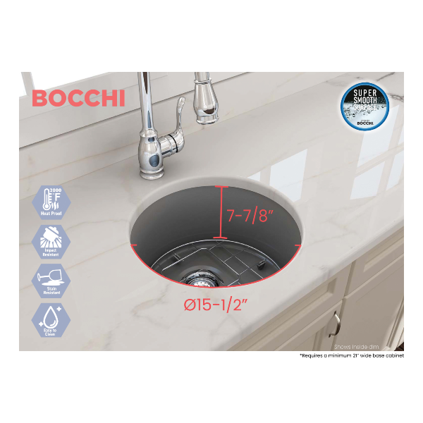BOCCHI Sotto 18" Matte Gray Round Single Bowl Fireclay Undermount Prep Sink