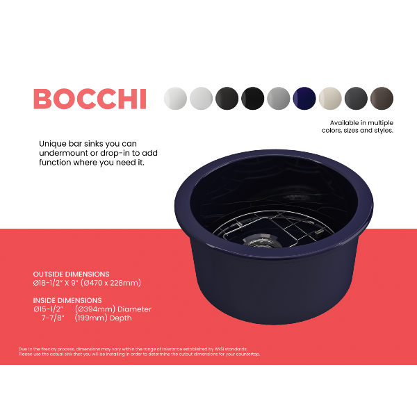 BOCCHI Sotto 18" Sapphire Blue Round Single Bowl Fireclay Undermount Prep Sink