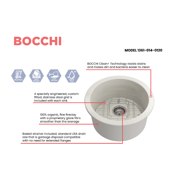 BOCCHI Sotto 18" Biscuit Round Single Bowl Fireclay Undermount Prep Sink