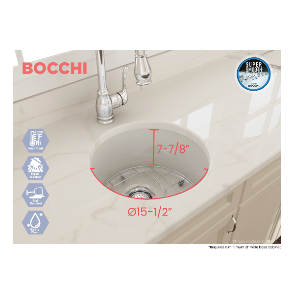 BOCCHI Sotto 18" Biscuit Round Single Bowl Fireclay Undermount Prep Sink