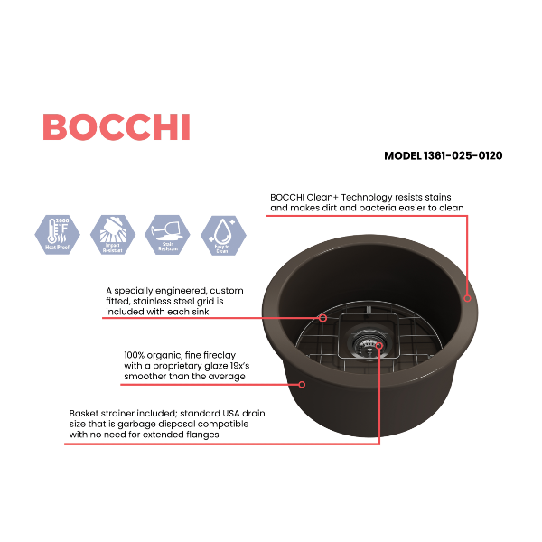 BOCCHI Sotto 18" Matte Brown Round Single Bowl Fireclay Undermount Prep Sink