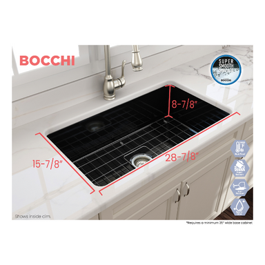 Bocchi Sotto 32 Black Fireclay Single Bowl Undermount Kitchen Sink w/Grid - Annie & Oak