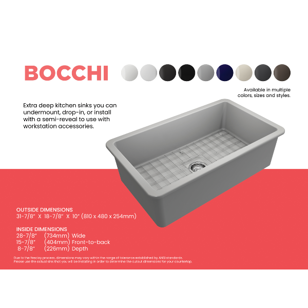BOCCHI Sotto 32 Matte Gray Fireclay Single Bowl Undermount Kitchen Sink w/Grid - Annie & Oak