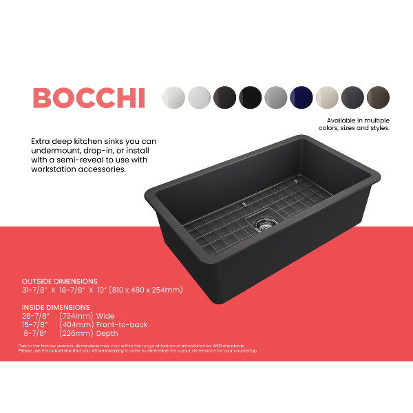 Bocchi Sotto 32 Dark Gray Fireclay Single Bowl Undermount Kitchen Sink w/Grid - Annie & Oak