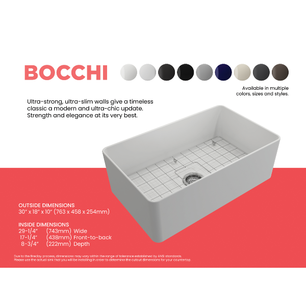 BOCCHI Aderci 30" Matte White Single Bowl Ultra-Slim Fireclay Farmhouse Sink Specifications