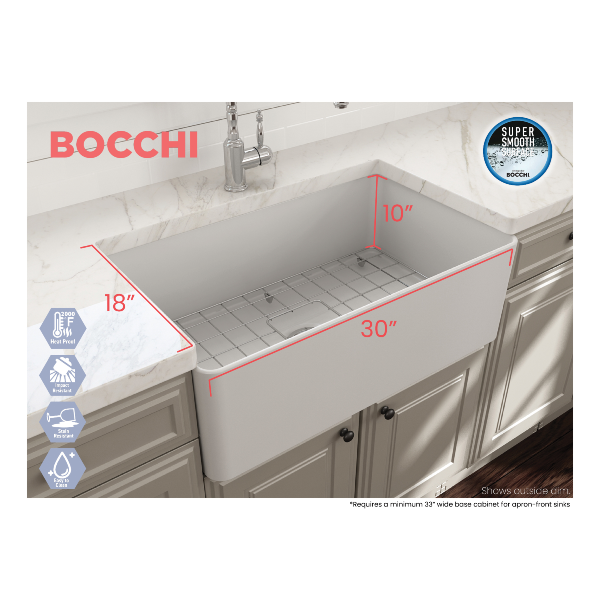 BOCCHI Aderci 30" Matte White Single Bowl Ultra-Slim Fireclay Farmhouse Sink Dimensions