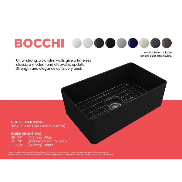 BOCCHI Aderci 30" Matte Black Single Bowl Ultra-Slim Fireclay Farmhouse Sink Specifications