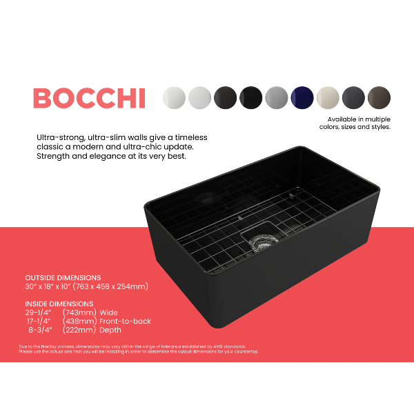 BOCCHI Aderci 30" Black Single Bowl Ultra-Slim Fireclay Farmhouse Sink Dimensions