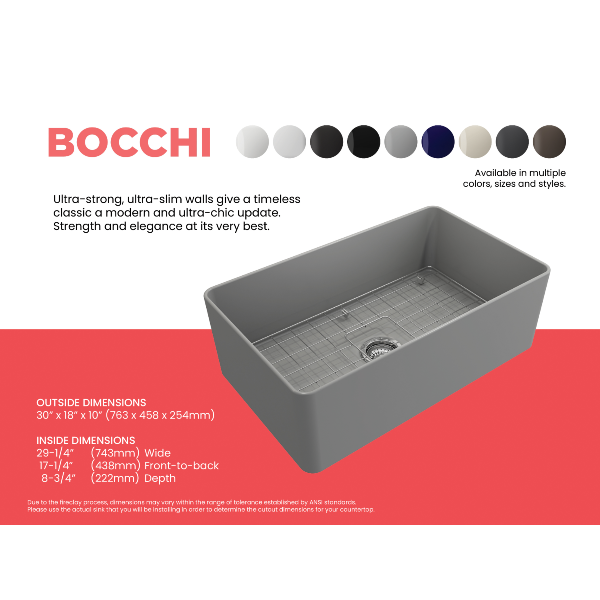 BOCCHI Aderci 30" Matte Gray Single Bowl Ultra-Slim Fireclay Farmhouse Sink Specifications