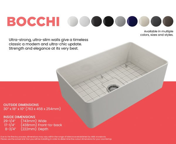 BOCCHI Aderci 30" Biscuit Single Bowl Ultra-Slim Fireclay Farmhouse Sink Dimensions
