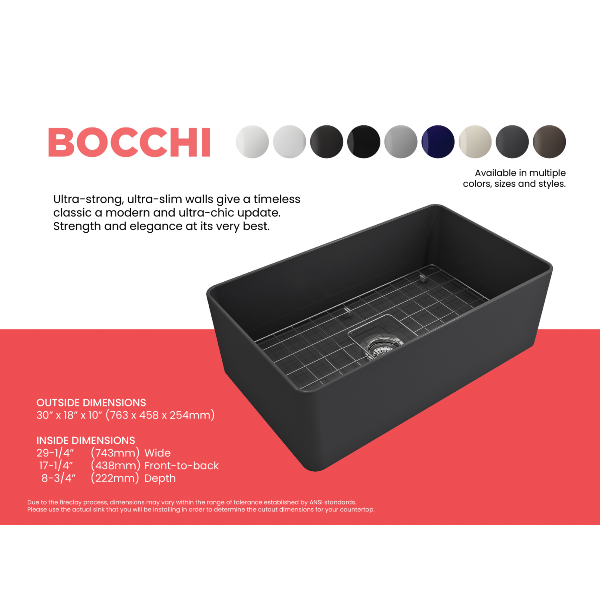 BOCCHI Aderci 30" Matte Dark Gray Single Bowl Ultra-Slim Fireclay Farmhouse Sink Specifications