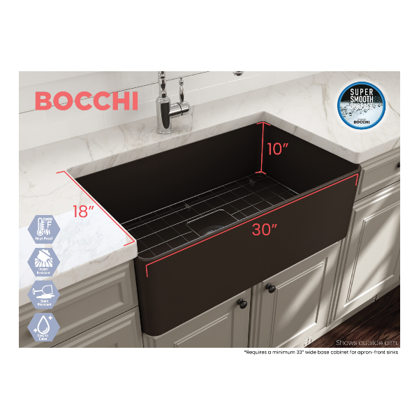 BOCCHI Aderci 30" Matte Brown Single Bowl Ultra-Slim Fireclay Farmhouse Sink Installed