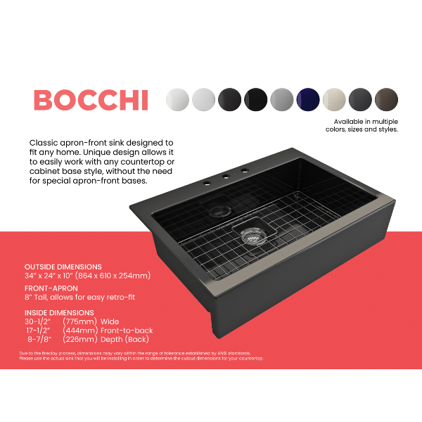 Bocchi Nuova 34" Black Single Bowl Fireclay Drop-In Sink w/ Grid and Strainer