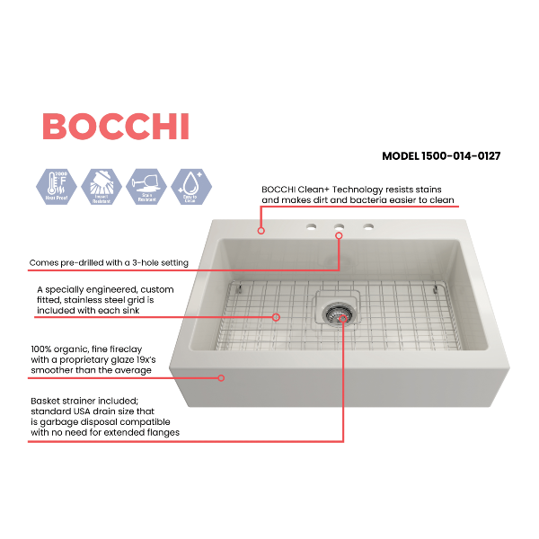 BOCCHI Nuova 34" Biscuit Single Bowl Fireclay Drop-In Sink w/ Grid and Strainer