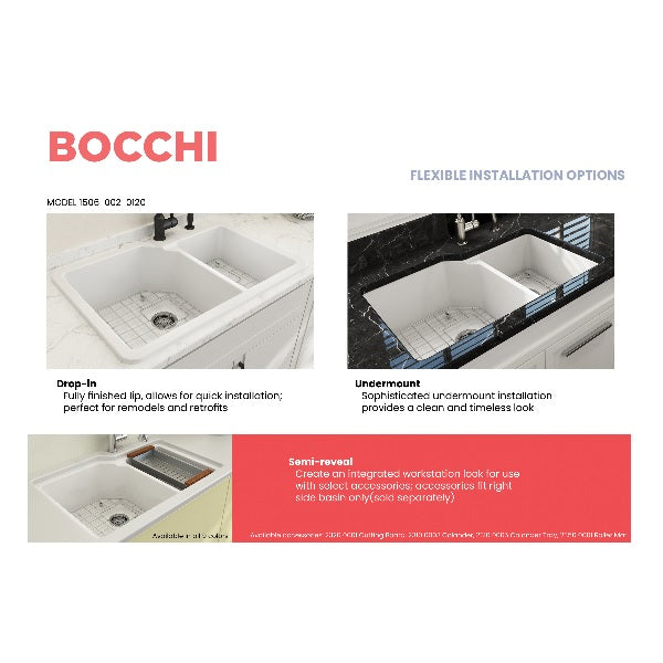 BOCCHI Sotto 33" Matte White Double Bowl Fireclay Dual-Mount Kitchen Sink w/ Grid