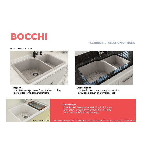 BOCCHI Sotto 33" Matte Gray Double Bowl Fireclay Dual-Mount Kitchen Sink w/ Grid
