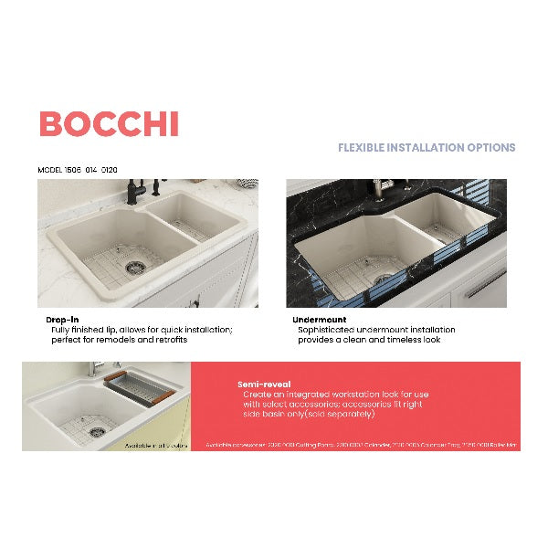 BOCCHI Sotto 33" Biscuit Double Bowl Fireclay Dual-Mount Kitchen Sink w/ Grid