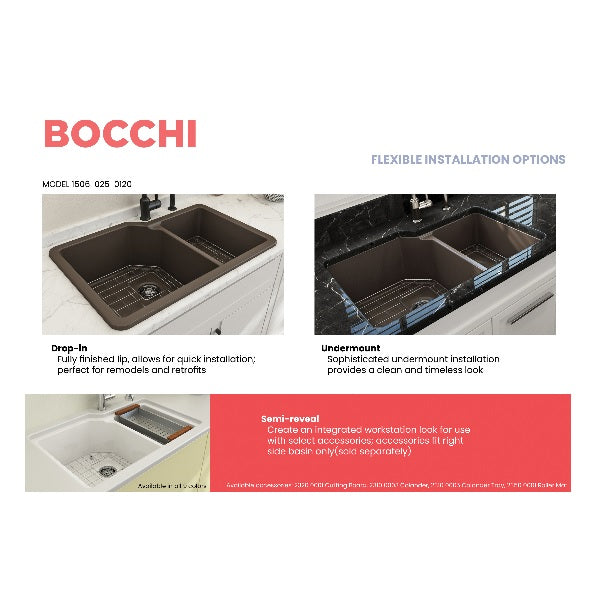 BOCCHI Sotto 33" Matte Brown Double Bowl Fireclay Dual-Mount Kitchen Sink w/ Grid