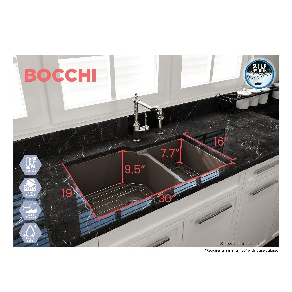 BOCCHI Sotto 33" Matte Brown Double Bowl Fireclay Dual-Mount Kitchen Sink w/ Grid