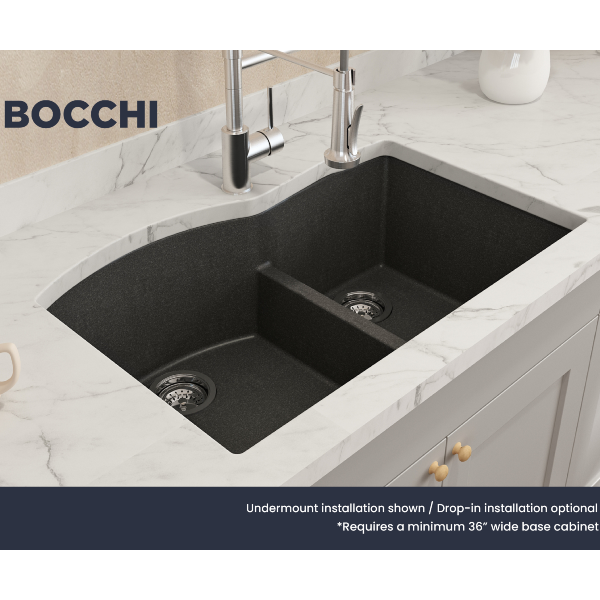 BOCCHI Campino 33D Metallic Black 60/40 Double Bowl Granite Sink with Strainers