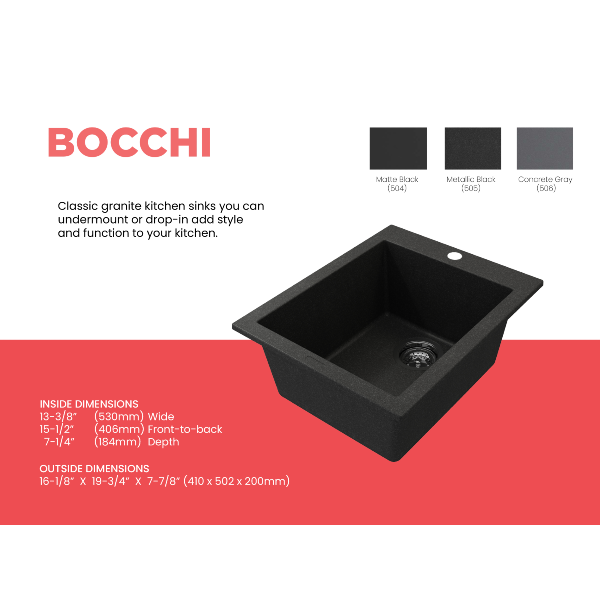 BOCCHI Campino Uno 16" Metallic Black Single Bowl Granite Undermount Bar Sink