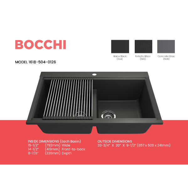 BOCCHI Baveno Lux 34D Matte Black Double Bowl Granite Composite Sink w/ Integrated Workstation
