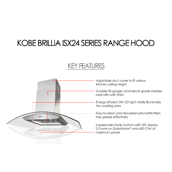 KOBE Brillia ISX24 SQB-2 30" Stainless Steel 600 CFM Island Range Hood w/ Glass Canopy