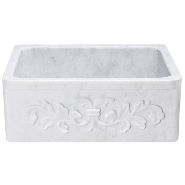 Allstone KF242010-F2 24" Carrara White Floral Carving Front Single Bowl Stone Farmhouse Sink