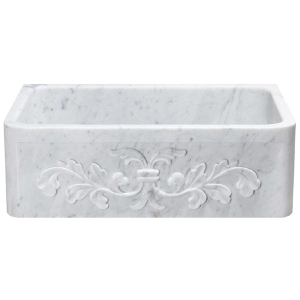 Allstone KF302010SB-F2 30" Carrara White Floral Carving Single Bowl Stone Farmhouse Sink