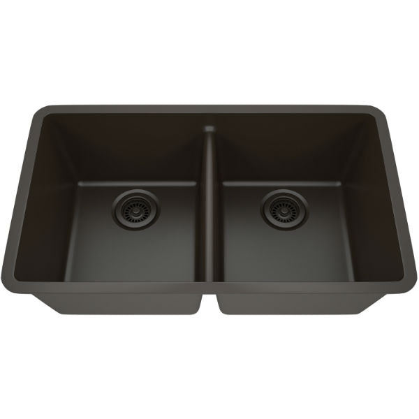 Lexicon Platinum 32" Mocha Quartz Double Bowl Composite Sink with Strainer LP-5050 - Annie & Oak