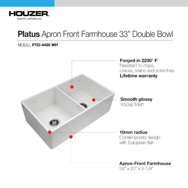 Houzer Platus PTD-4400-WH 33" Double Bowl Fireclay Farmhouse Sink