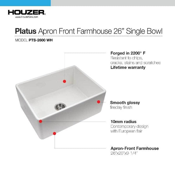 Houzer Platus PTS-2600-WH 26" White Single Bowl Fireclay Farmhouse Sink