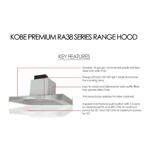 KOBE Premium RA38 30" Stainless Steel 680 CFM Under Cabinet Range Hood