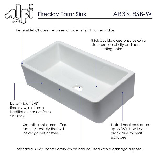 ALFI brand AB3318SB-W 33" White Smooth Single Bowl Fireclay Farmhouse Sink