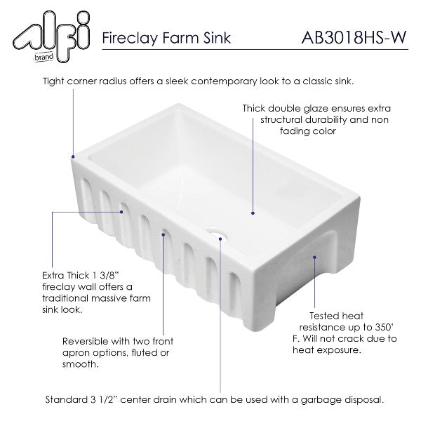 ALFI brand AB3018HS-W 30" White Reversible Single Bowl Fireclay Farmhouse Sink
