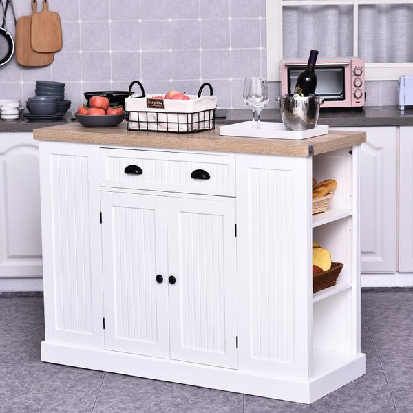 HOMCOM 47" White Fluted-Style Wooden Kitchen Island Storage Cabinet with Drawer