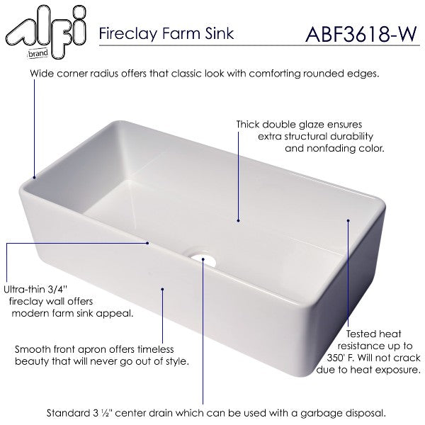 ALFI brand ABF3618 36" White Single Bowl Thin Wall Fireclay Farmhouse Sink