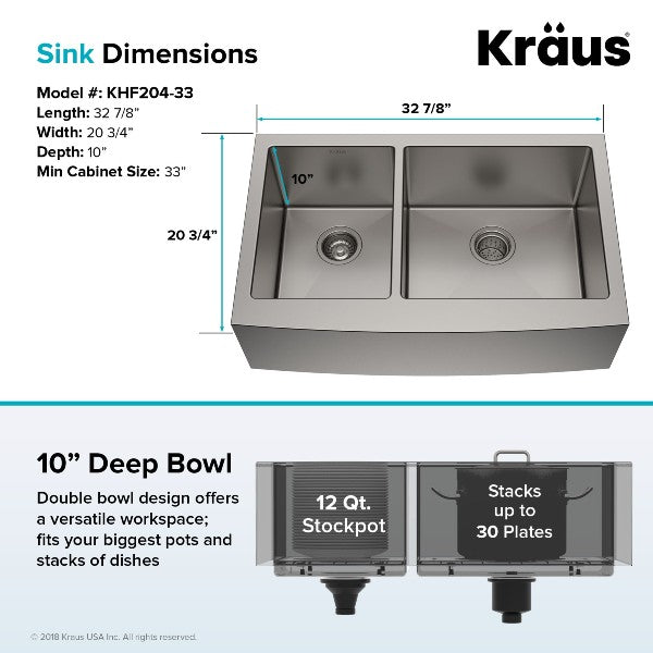 Kraus Standart PRO KHF204-33 33" Stainless Steel Double Bowl Farmhouse Sink
