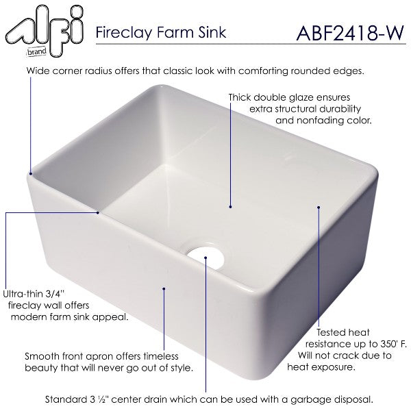 ALFI brand ABF2418 24" White Single Bowl Thin Wall Fireclay Farmhouse Sink