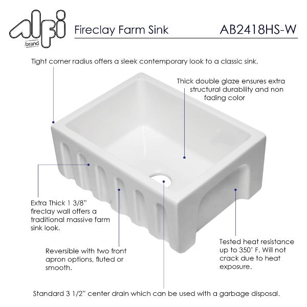 ALFI brand AB2418HS-W 24" White Reversible  Single Bowl Fireclay Farmhouse Sink